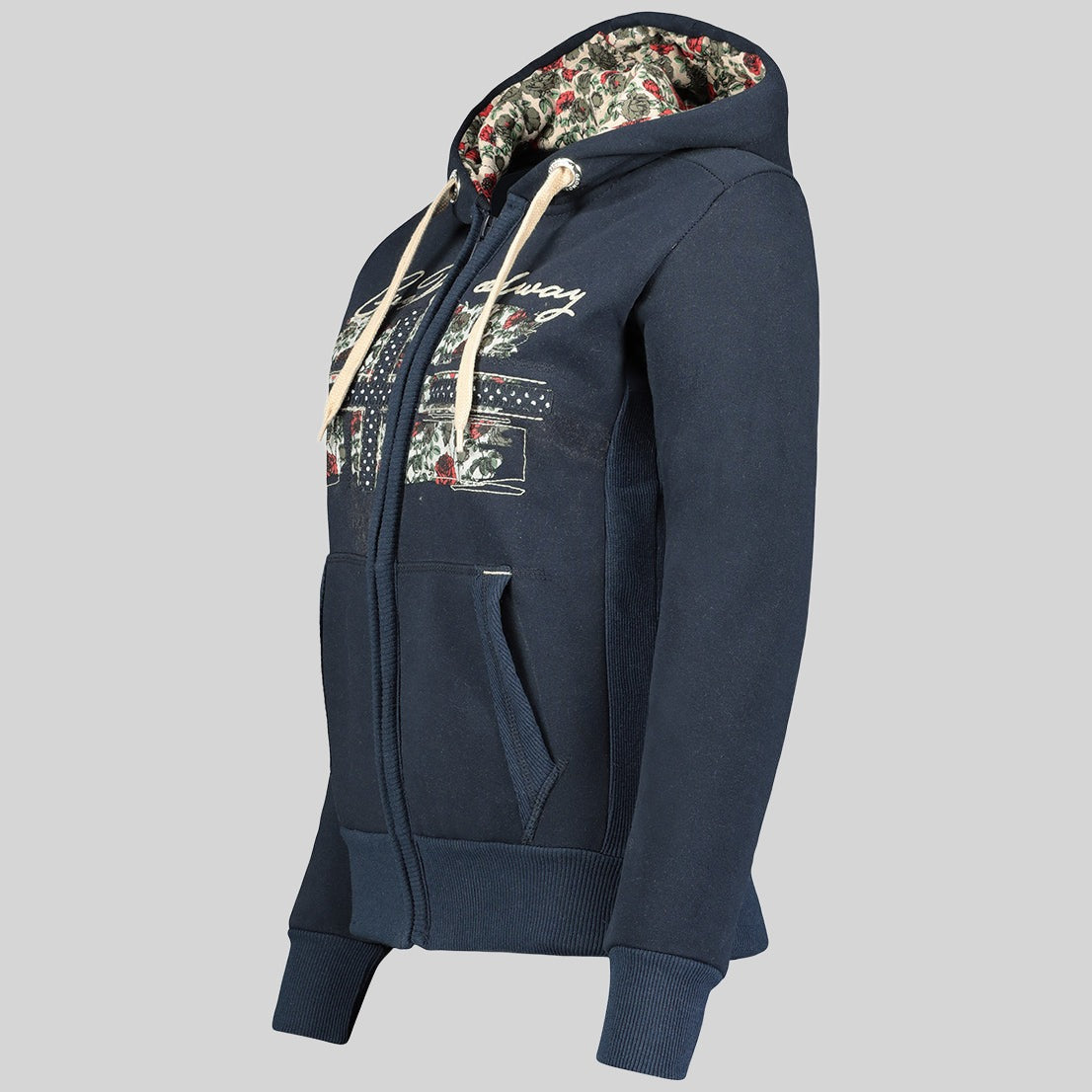 Sweat à capuche zippé femme bleu marine – Doublure fleurie
