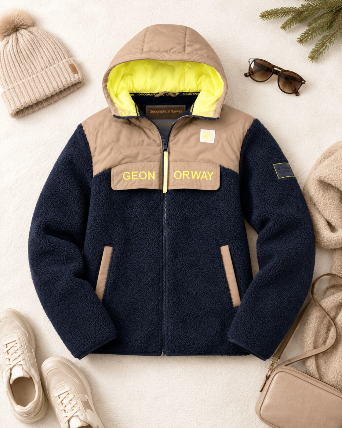 Veste femme Geonorway bleu marine et beige – Capuche doublée jaune