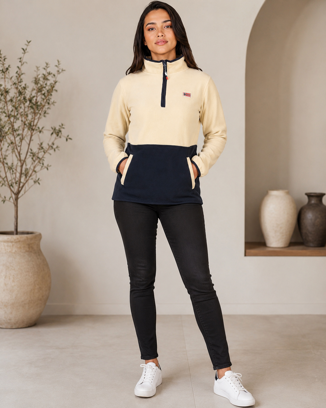 Polaire femme Geonorway beige et bleu marine – Col zippé