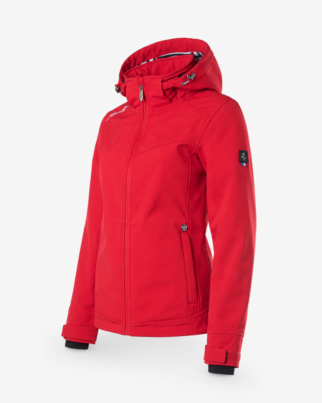 Veste softshell femme Voile Bleue – Rouge à capuche