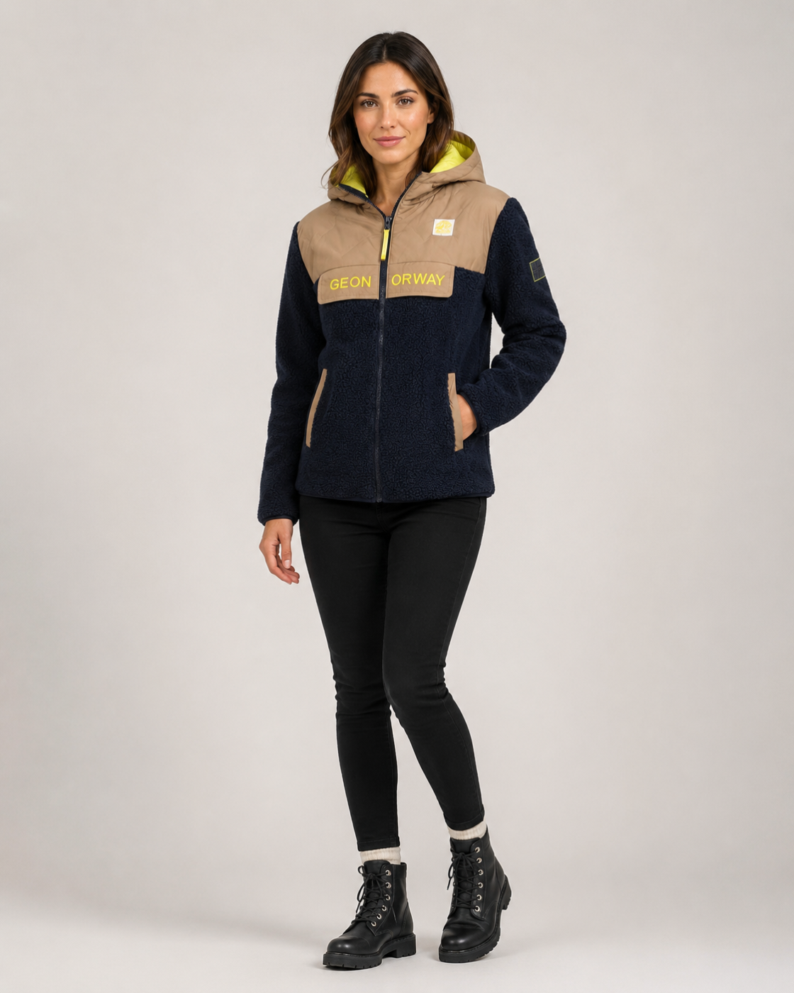 Veste femme Geonorway bleu marine et beige – Capuche doublée jaune