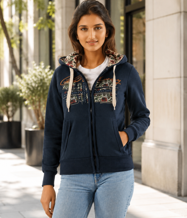 Sweat à capuche zippé femme bleu marine – Doublure fleurie