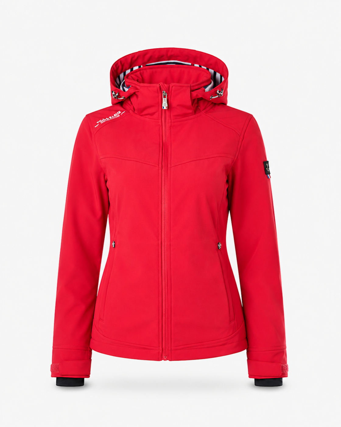 Veste softshell femme Voile Bleue – Rouge à capuche