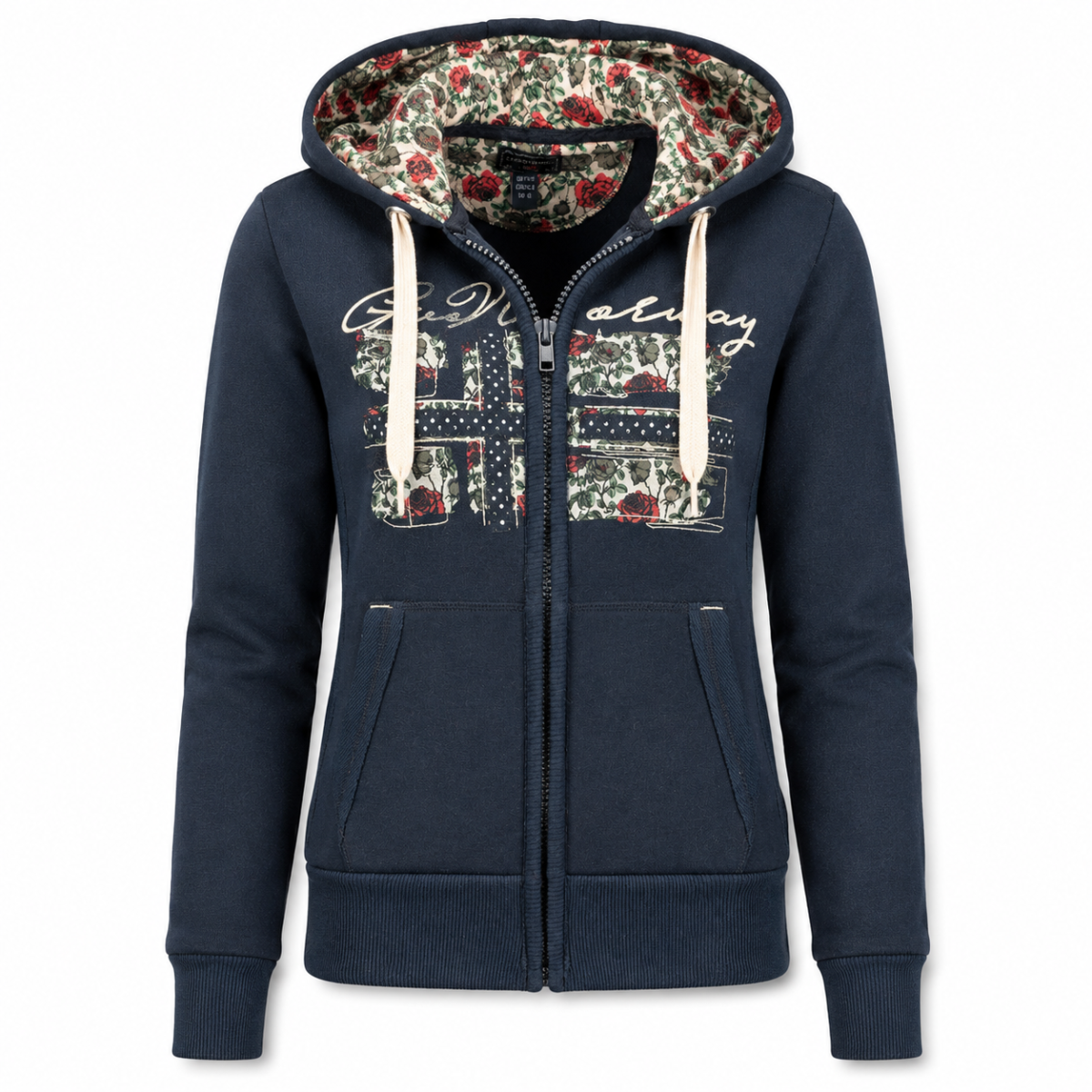 Sweat à capuche zippé femme bleu marine – Doublure fleurie
