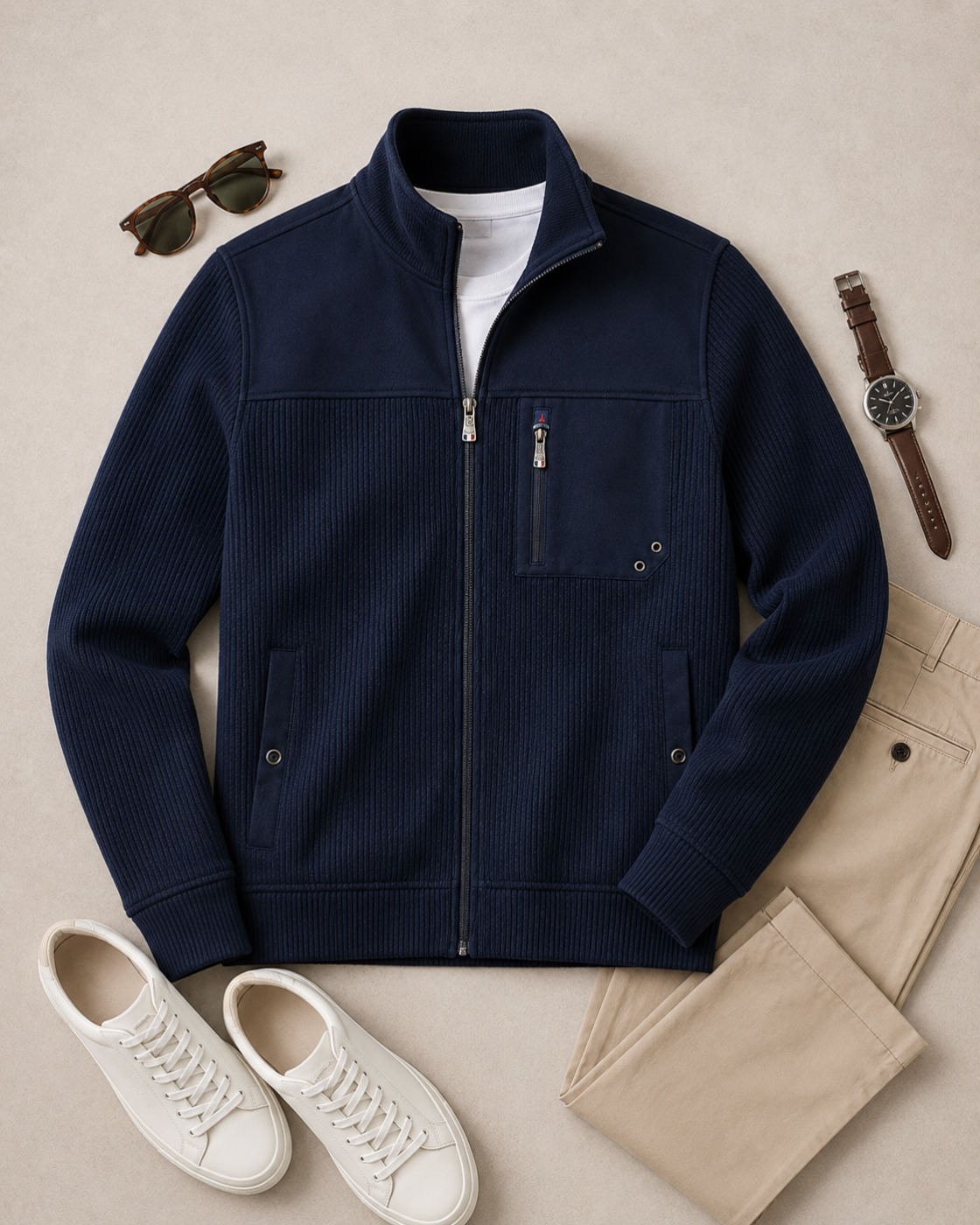 Veste zippée homme bleu marine – Col montant et maille côtelée