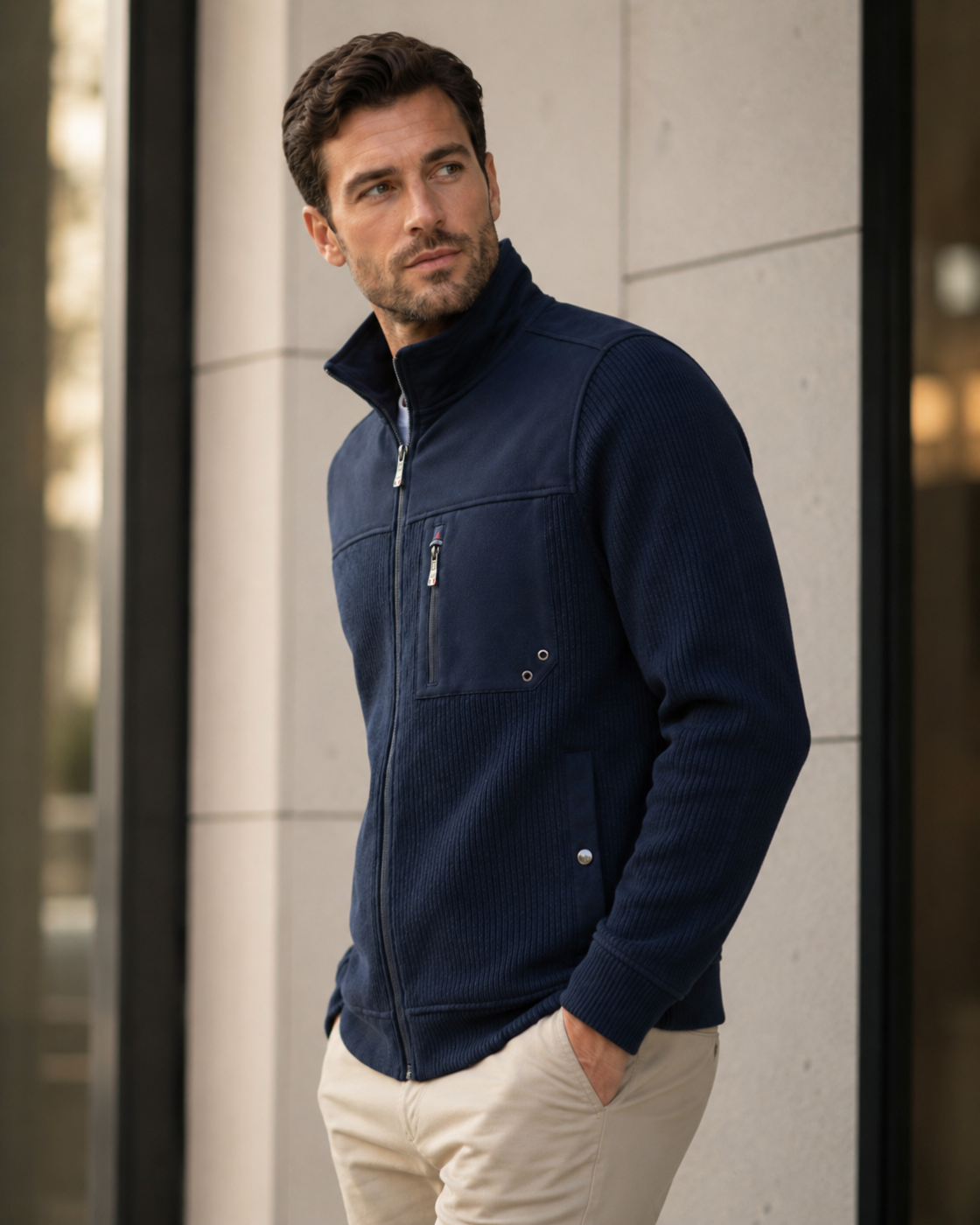 Veste zippée homme bleu marine – Col montant et maille côtelée