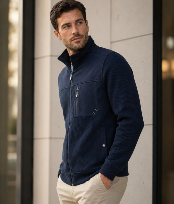 Veste zippée homme bleu marine – Col montant et maille côtelée