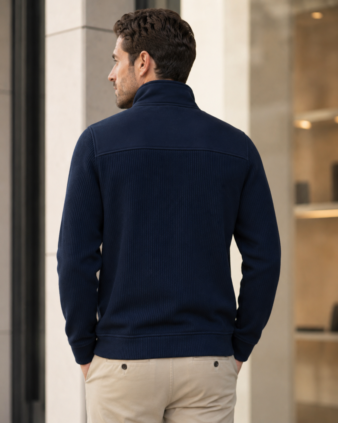 Veste zippée homme bleu marine – Col montant et maille côtelée