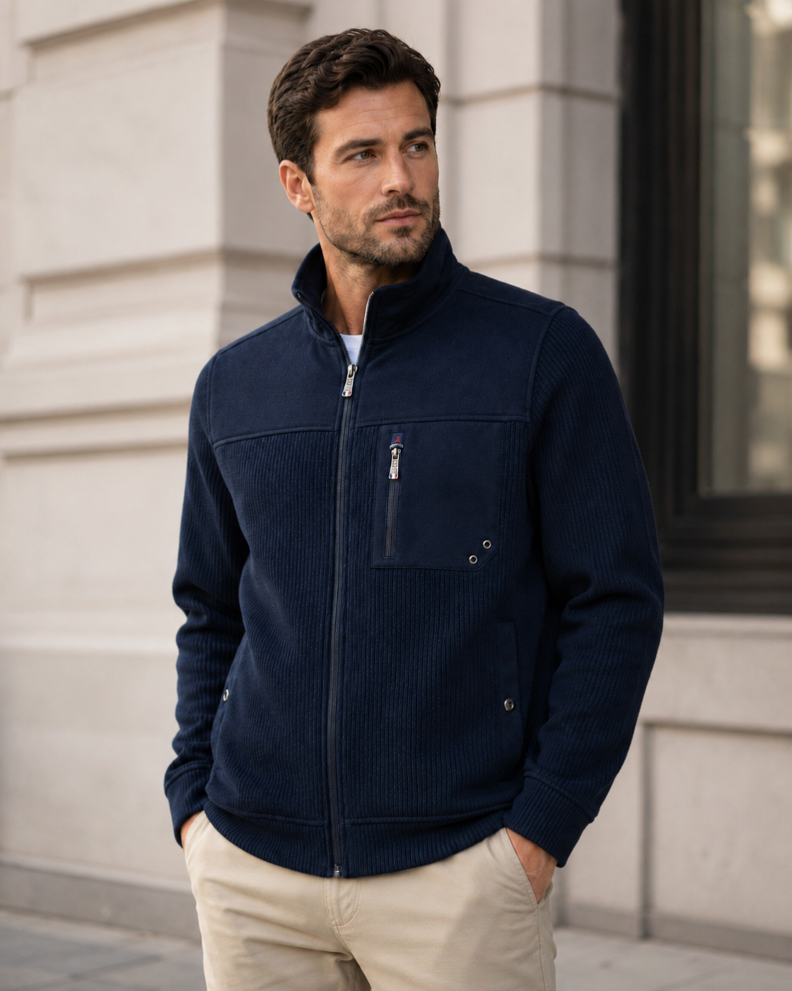 Veste zippée homme bleu marine – Col montant et maille côtelée