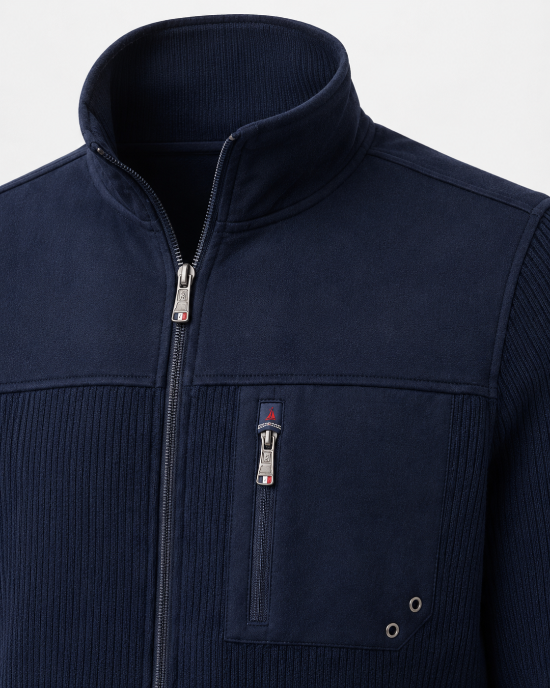 Veste zippée homme bleu marine – Col montant et maille côtelée