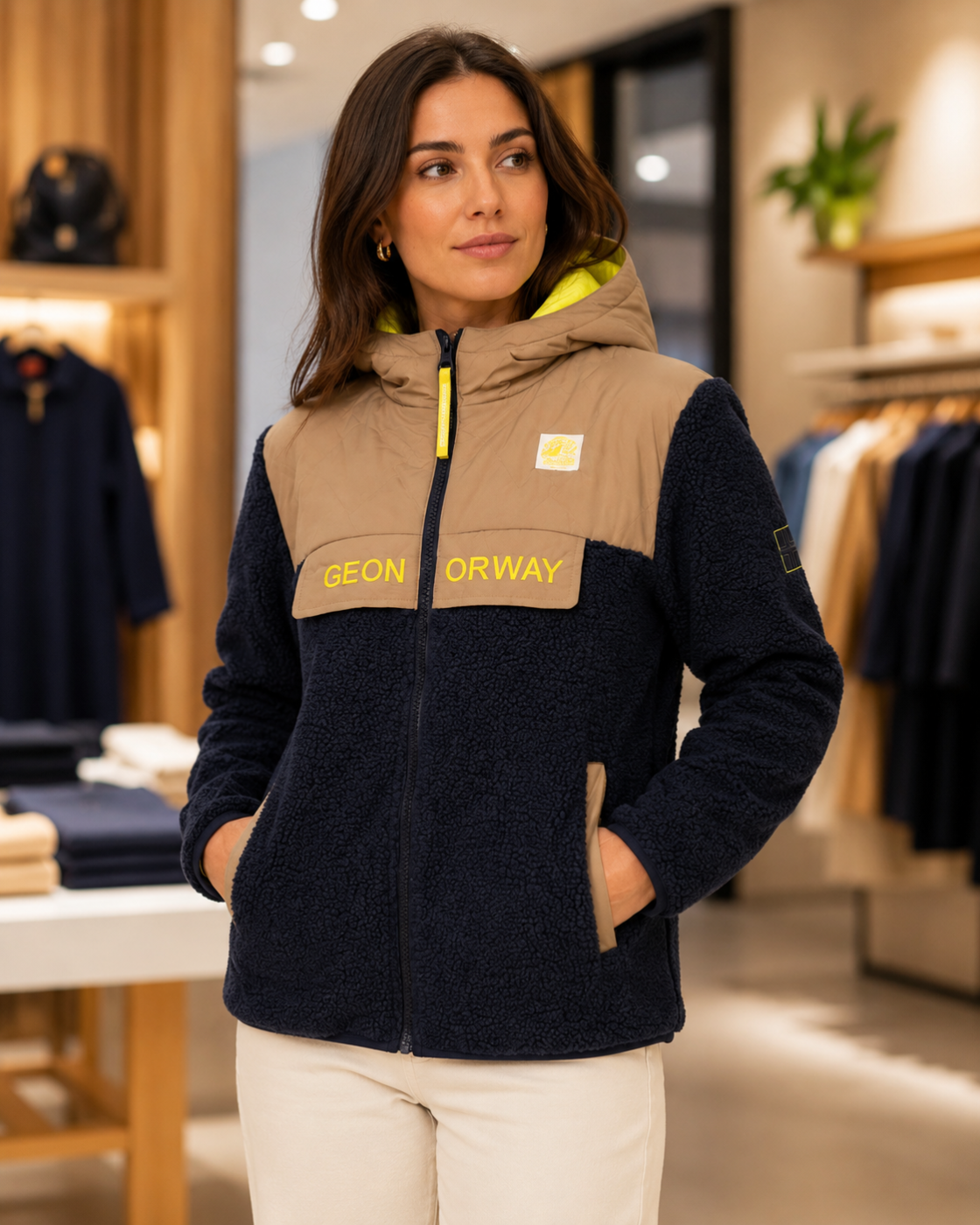 Veste femme Geonorway bleu marine et beige – Capuche doublée jaune